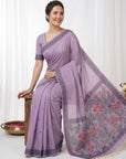 Lavender Soft Muga Cotton with Kalamkari Style Bird Motif Narrative Pallu