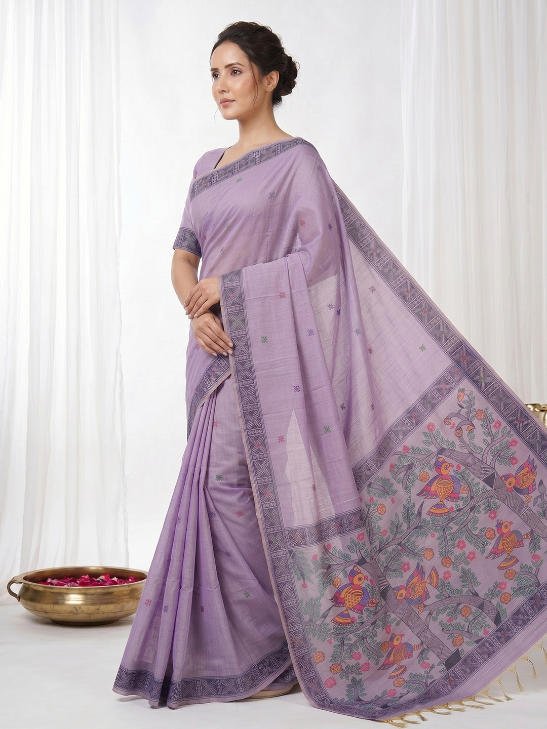 Lavender Soft Muga Cotton with Kalamkari Style Bird Motif Narrative Pallu