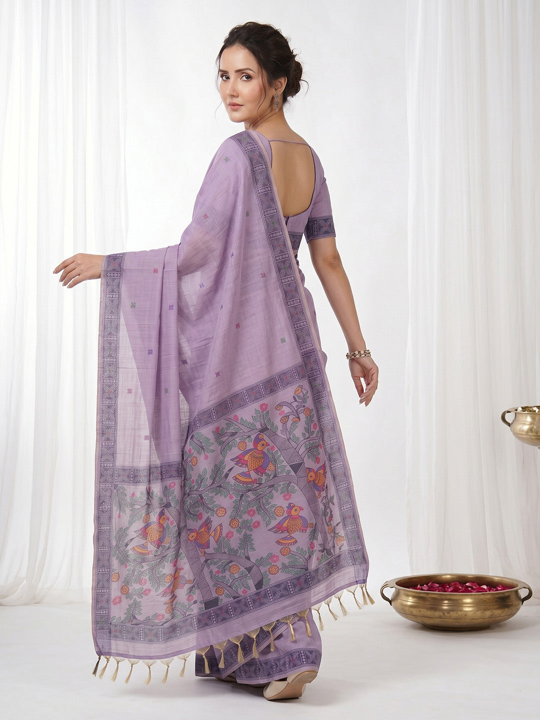 Lavender Soft Muga Cotton with Kalamkari Style Bird Motif Narrative Pallu