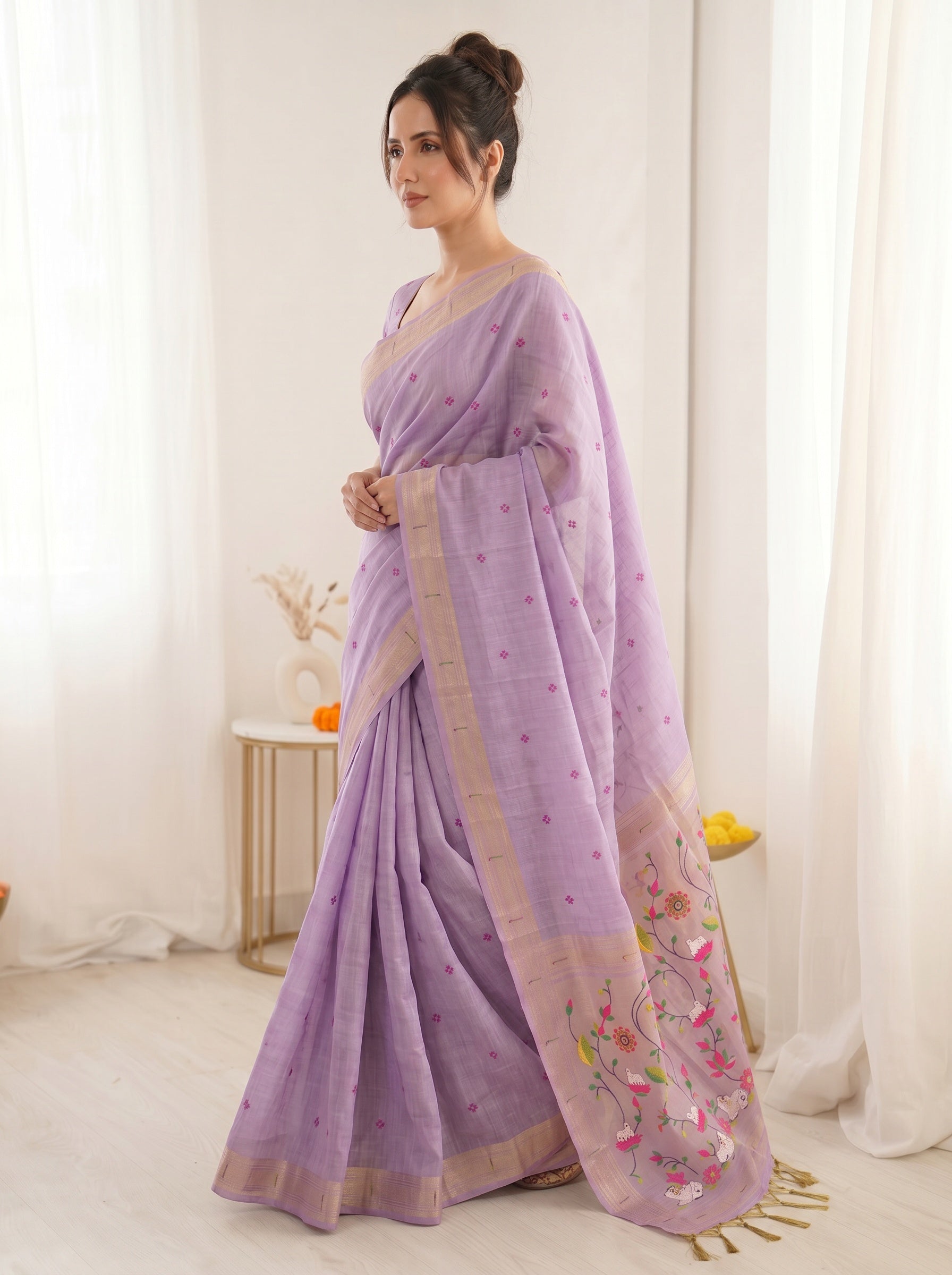 Lavender Soft Linen Cotton Paithani Saree with Meenakari Pichwai Lotus Pallu