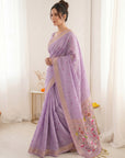 Lavender Soft Linen Cotton Paithani Saree with Meenakari Pichwai Lotus Pallu
