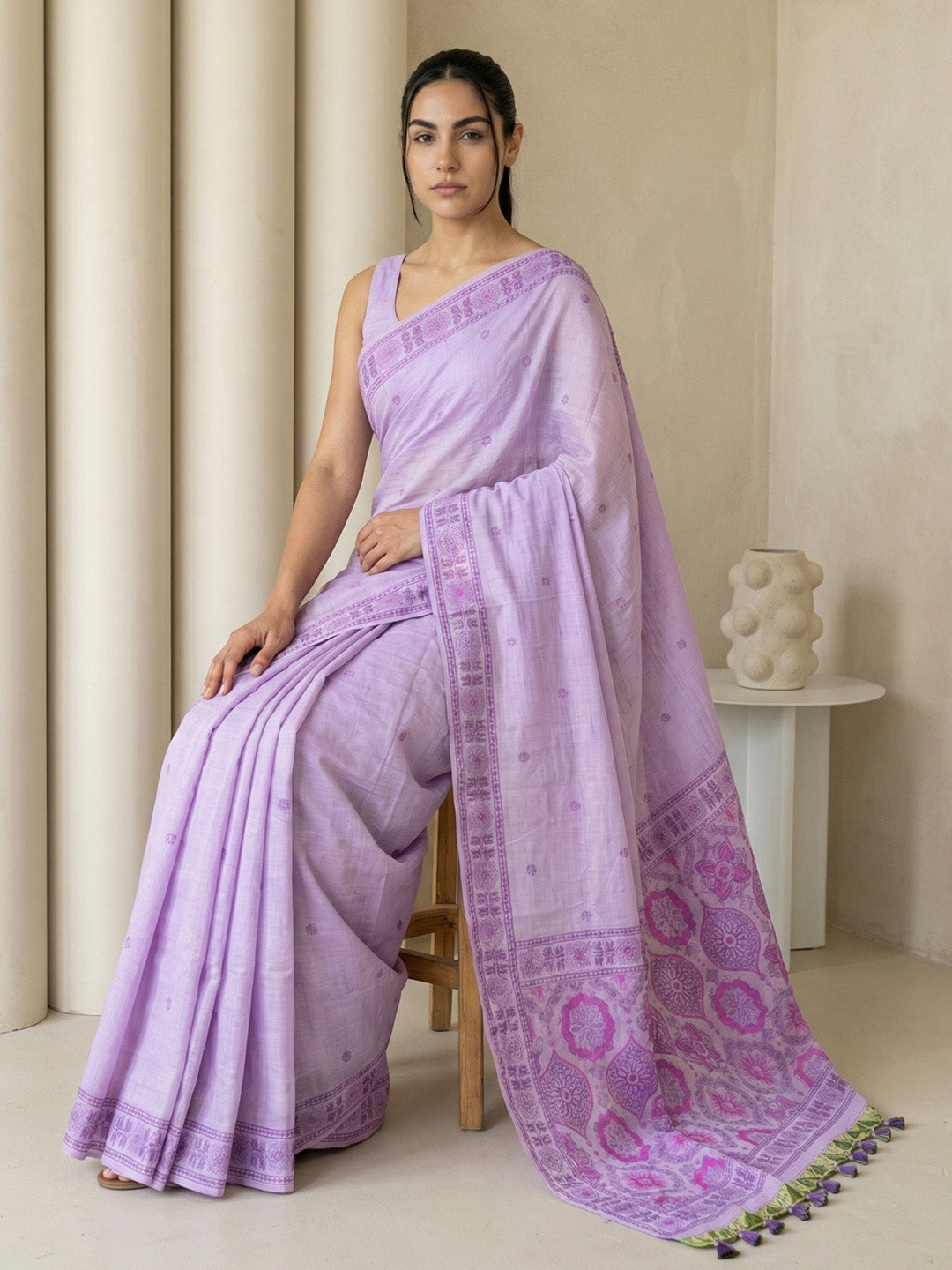 Lavender Soft Muga Cotton with Handblock Kalamakri Pattern Saree