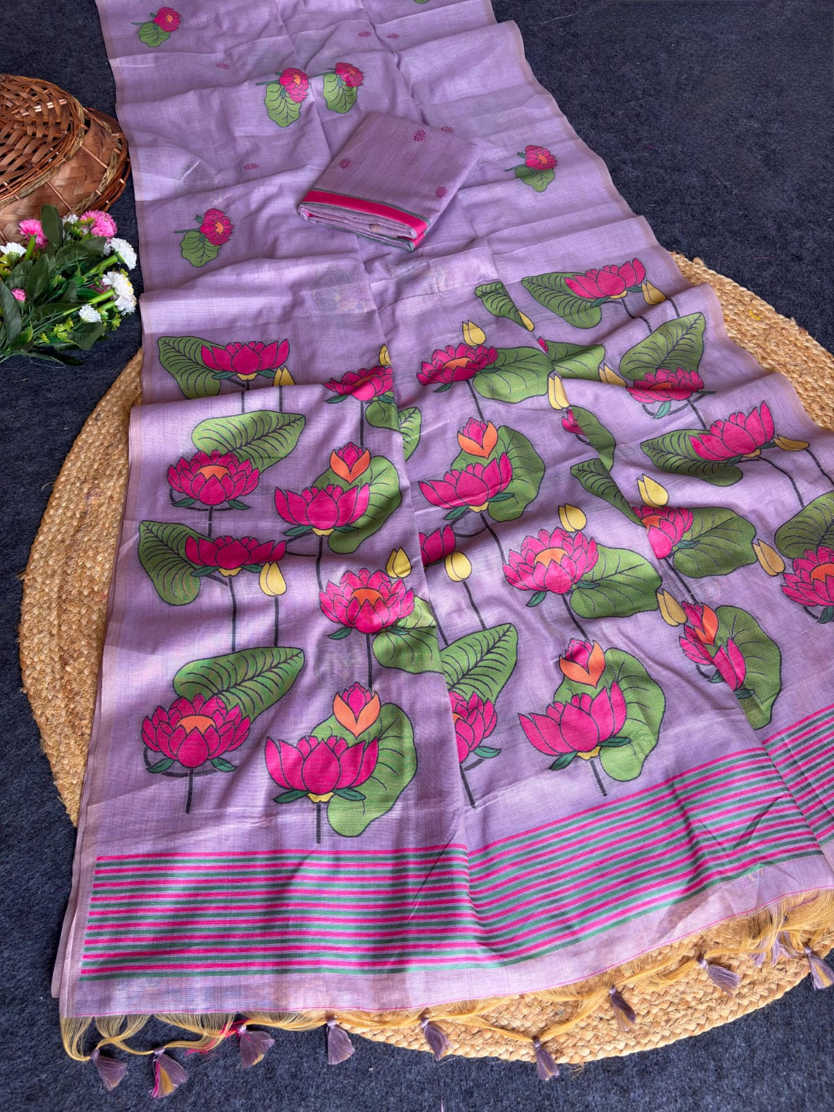 Lavender Soft Flora Cotton Resham Saree with Lotus Pattern Saree