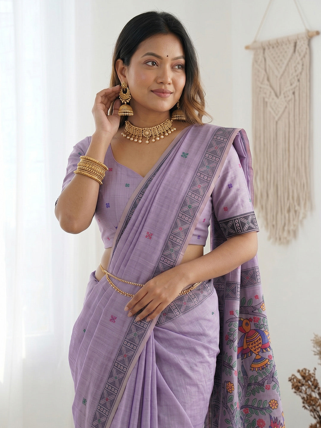 Lavender Soft Muga Cotton with Kalamkari Style Bird Motif Narrative Pallu
