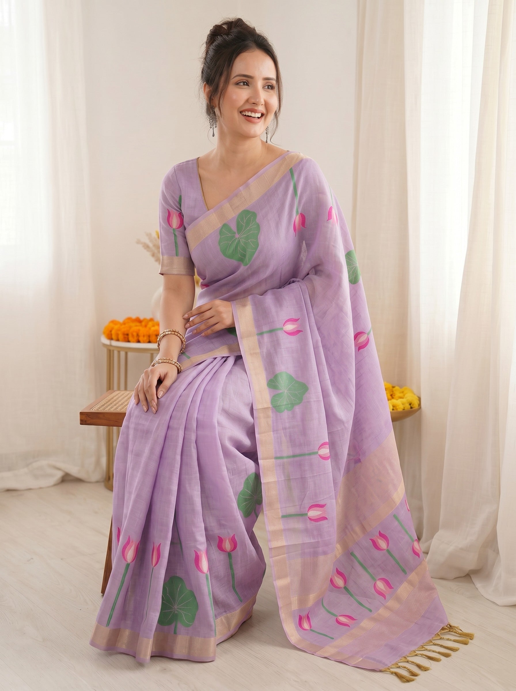 Lavender Premium Soft Linen Cotton with Lotus &amp; Leafs Pattern Saree