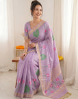 Lavender Premium Soft Linen Cotton with Lotus & Leafs Pattern Saree