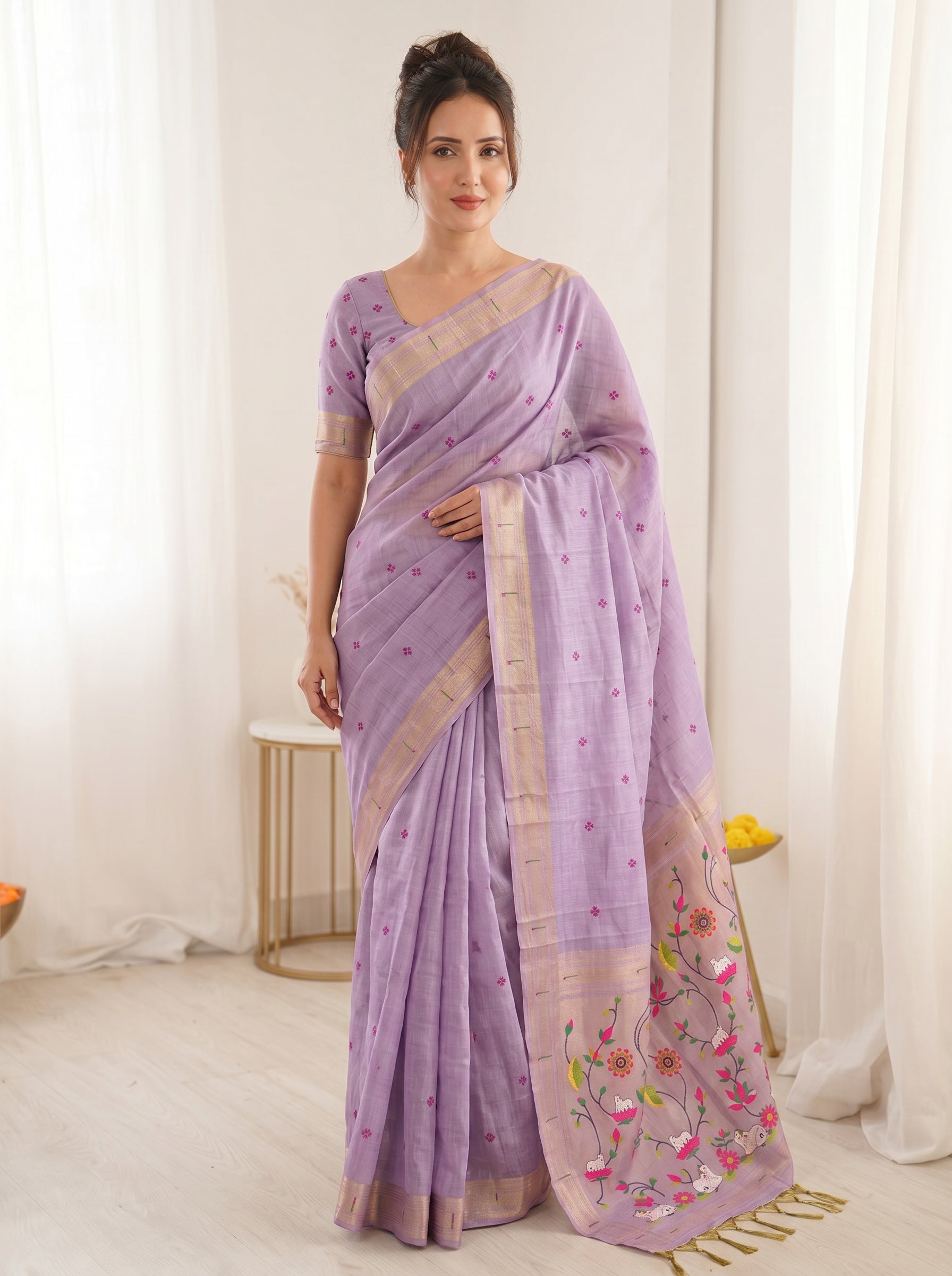 Lavender Soft Linen Cotton Paithani Saree with Meenakari Pichwai Lotus Pallu