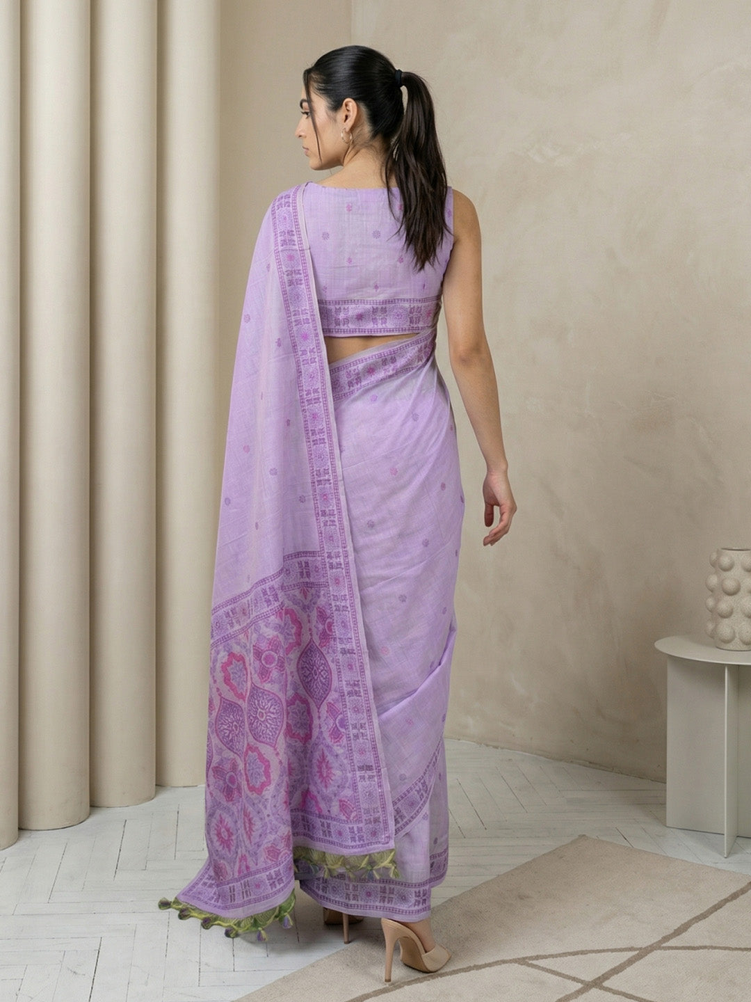 Lavender Soft Muga Cotton with Handblock Kalamakri Pattern Saree