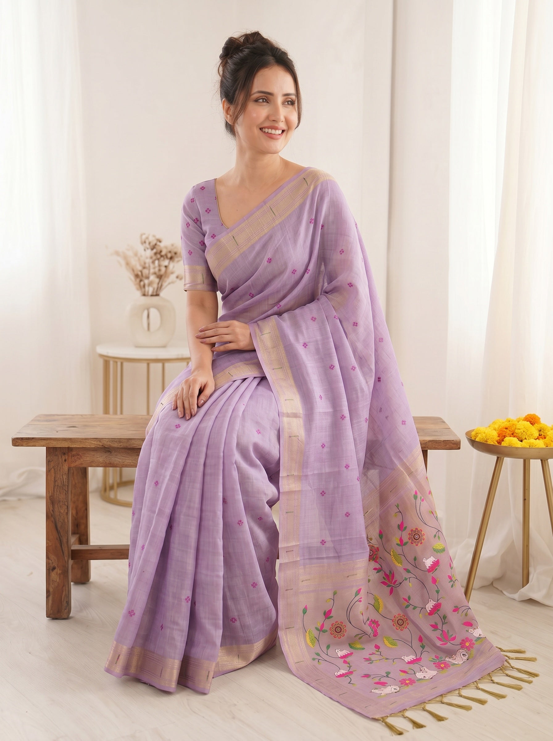 Lavender Soft Linen Cotton Paithani Saree with Meenakari Pichwai Lotus Pallu