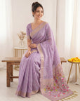 Lavender Soft Linen Cotton Paithani Saree with Meenakari Pichwai Lotus Pallu