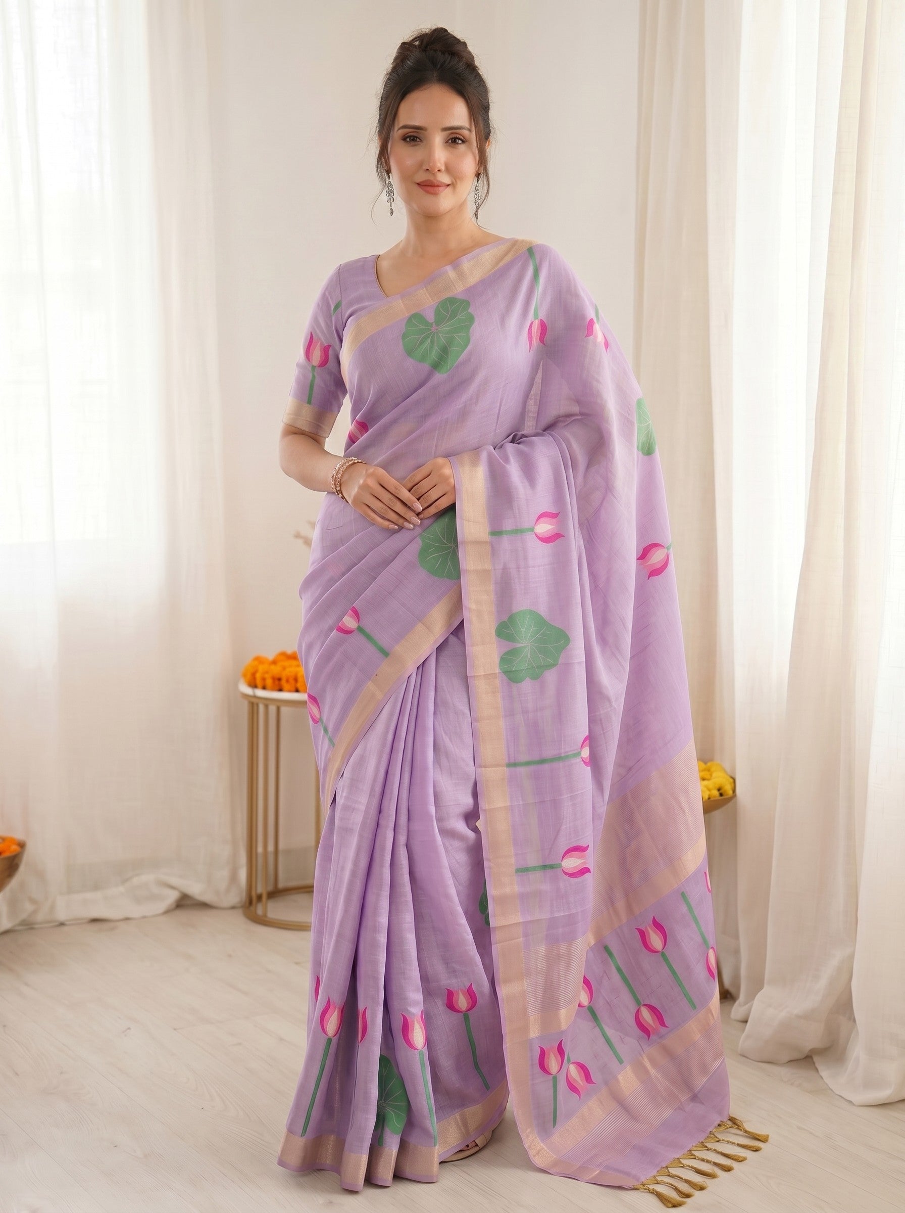 Lavender Premium Soft Linen Cotton with Lotus &amp; Leafs Pattern Saree