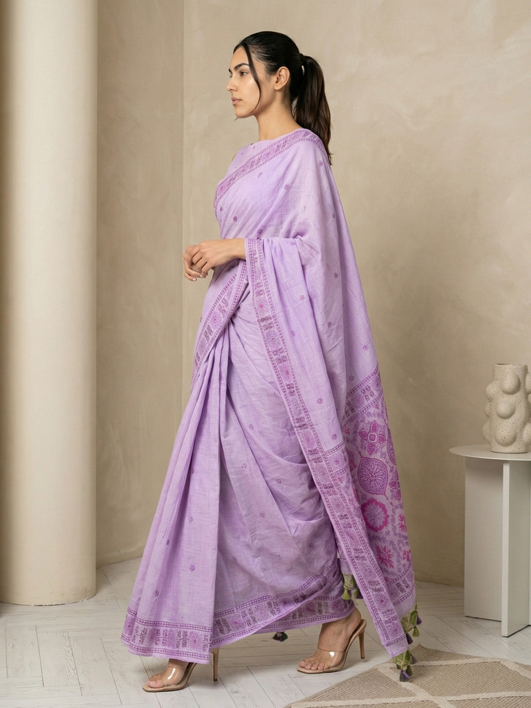 Lavender Soft Muga Cotton with Handblock Kalamakri Pattern Saree