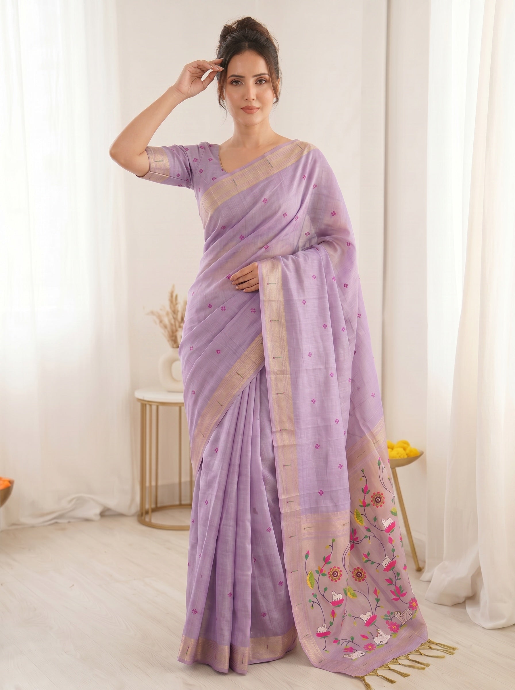 Lavender Soft Linen Cotton Paithani Saree with Meenakari Pichwai Lotus Pallu