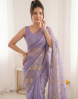 Lavender Soft Oris Silk with Floral Applique Work Saree