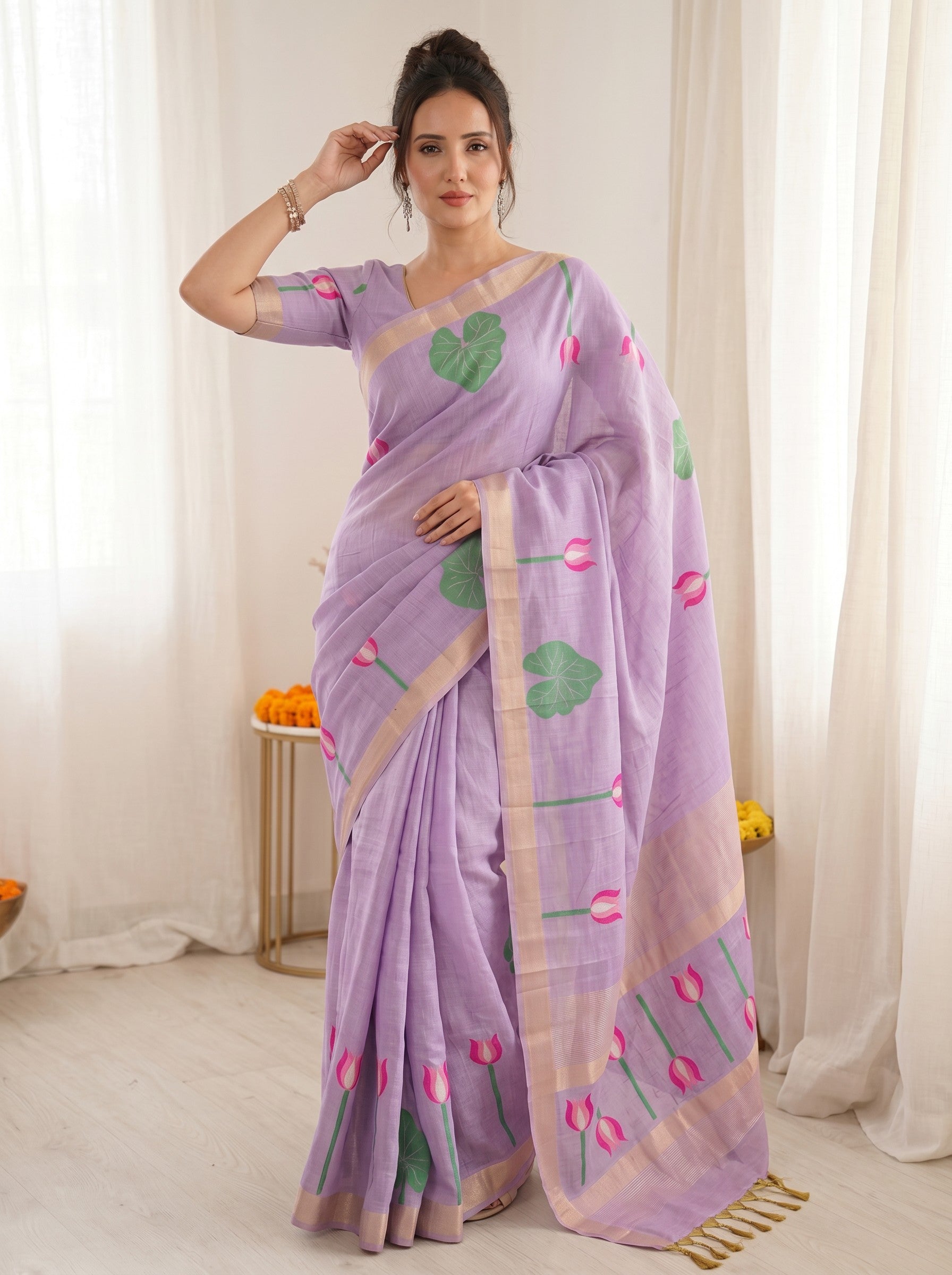 Lavender Premium Soft Linen Cotton with Lotus &amp; Leafs Pattern Saree