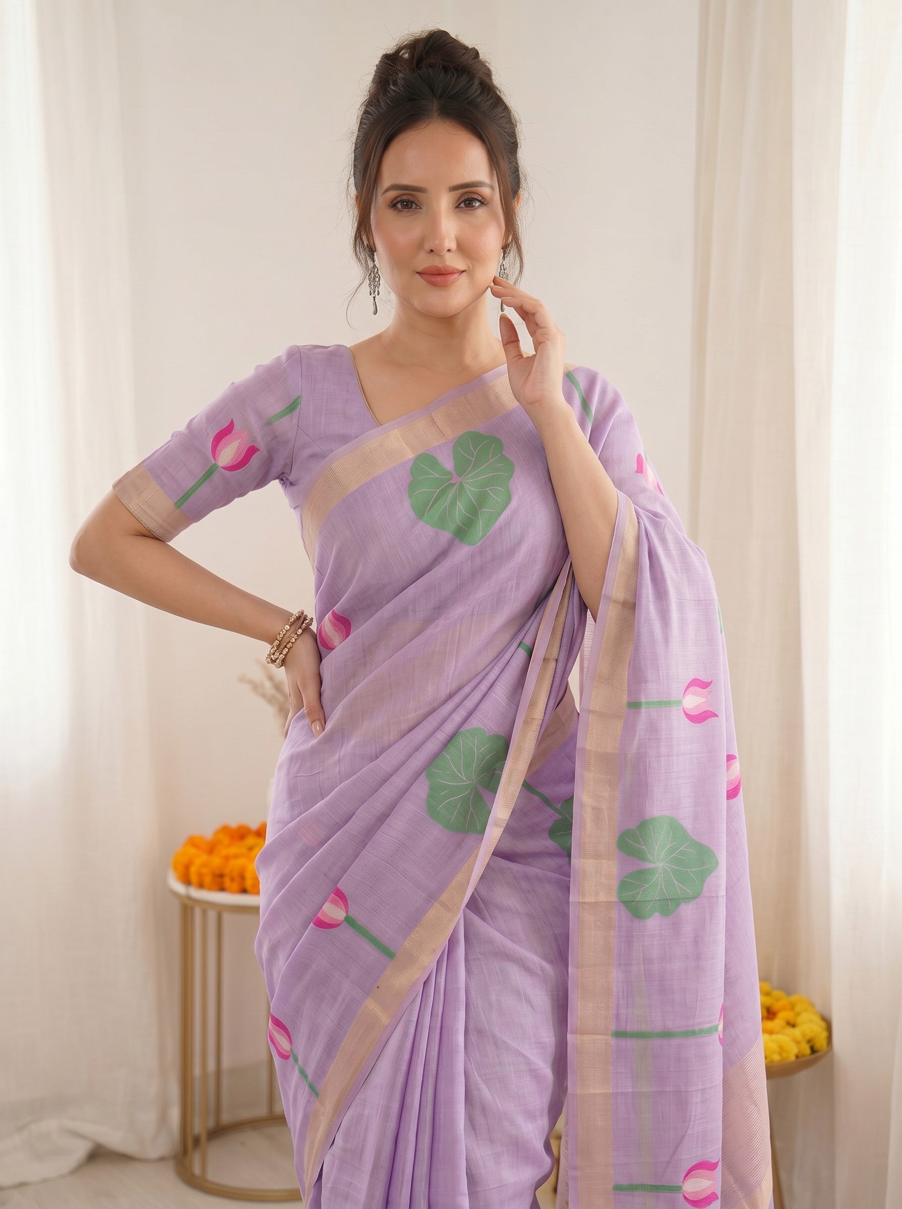 Lavender Premium Soft Linen Cotton with Lotus &amp; Leafs Pattern Saree
