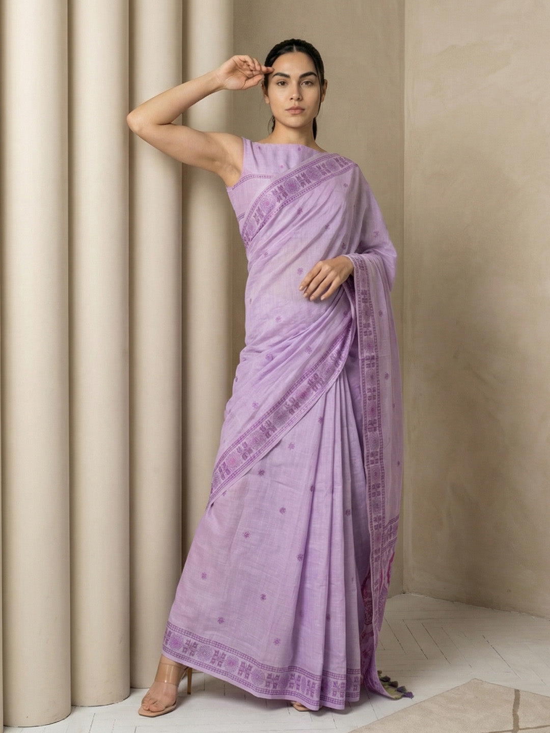 Lavender Soft Muga Cotton with Handblock Kalamakri Pattern Saree