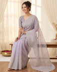 Lavender Crush Organza Silk Saree with Embroidery Stripe Pattern
