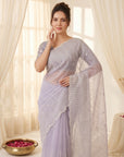 Lavender Crush Organza Silk Saree with Embroidery Stripe Pattern