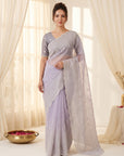Lavender Crush Organza Silk Saree with Embroidery Stripe Pattern