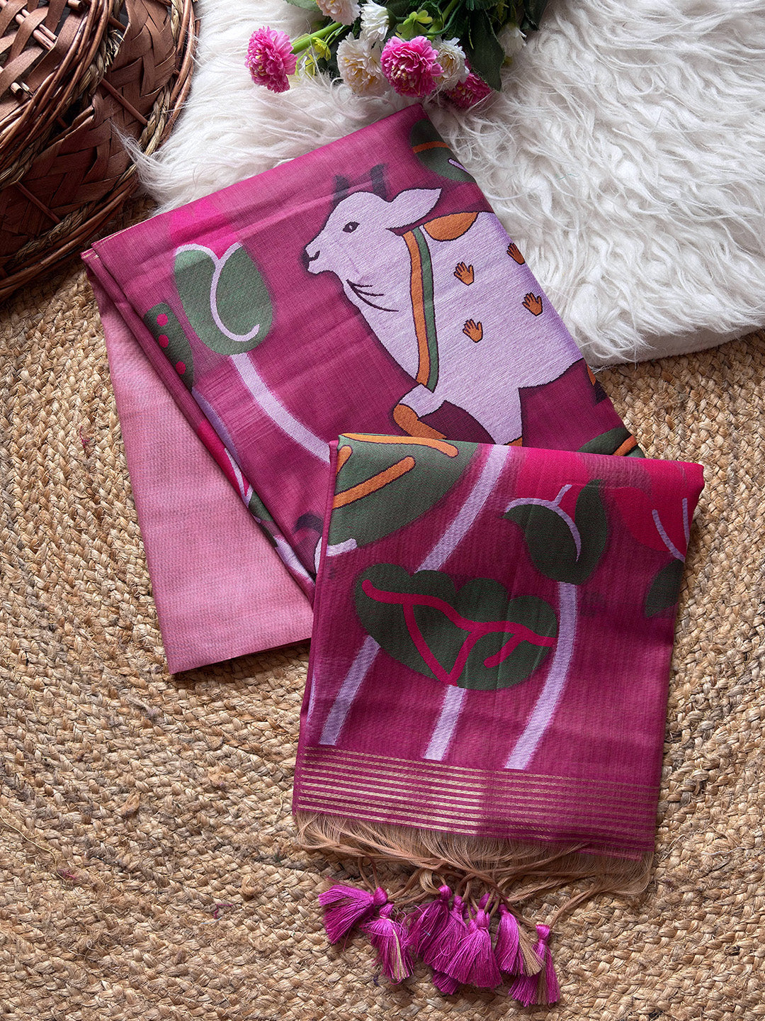 Two pink scarves with animal designs on a textured surface.