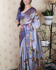 Pastel Blue Tussar Silk Traditional Kalamkari Printed Saree