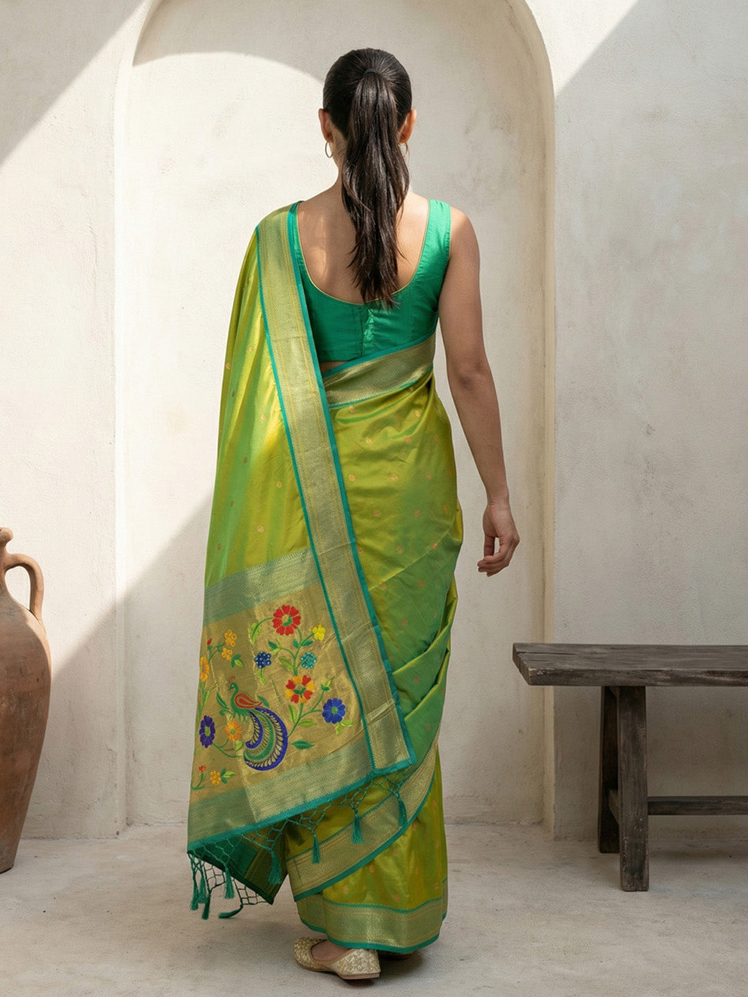 Mehendi Green Soft Traditional Paithani Silk Zari Woven Peacock Pattern Saree