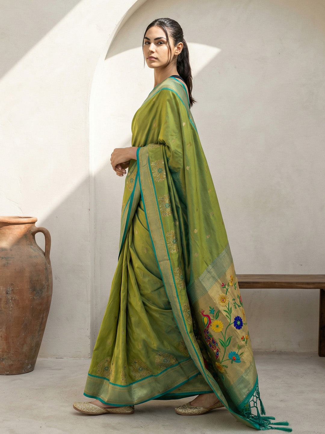 Mehendi Green Soft Traditional Paithani Silk Zari Woven Peacock Pattern Saree