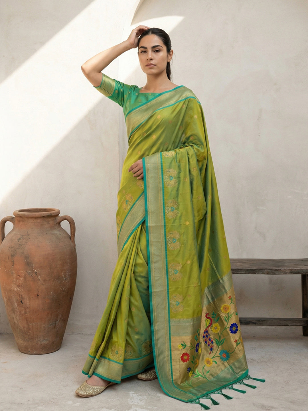 Mehendi Green Soft Traditional Paithani Silk Zari Woven Peacock Pattern Saree