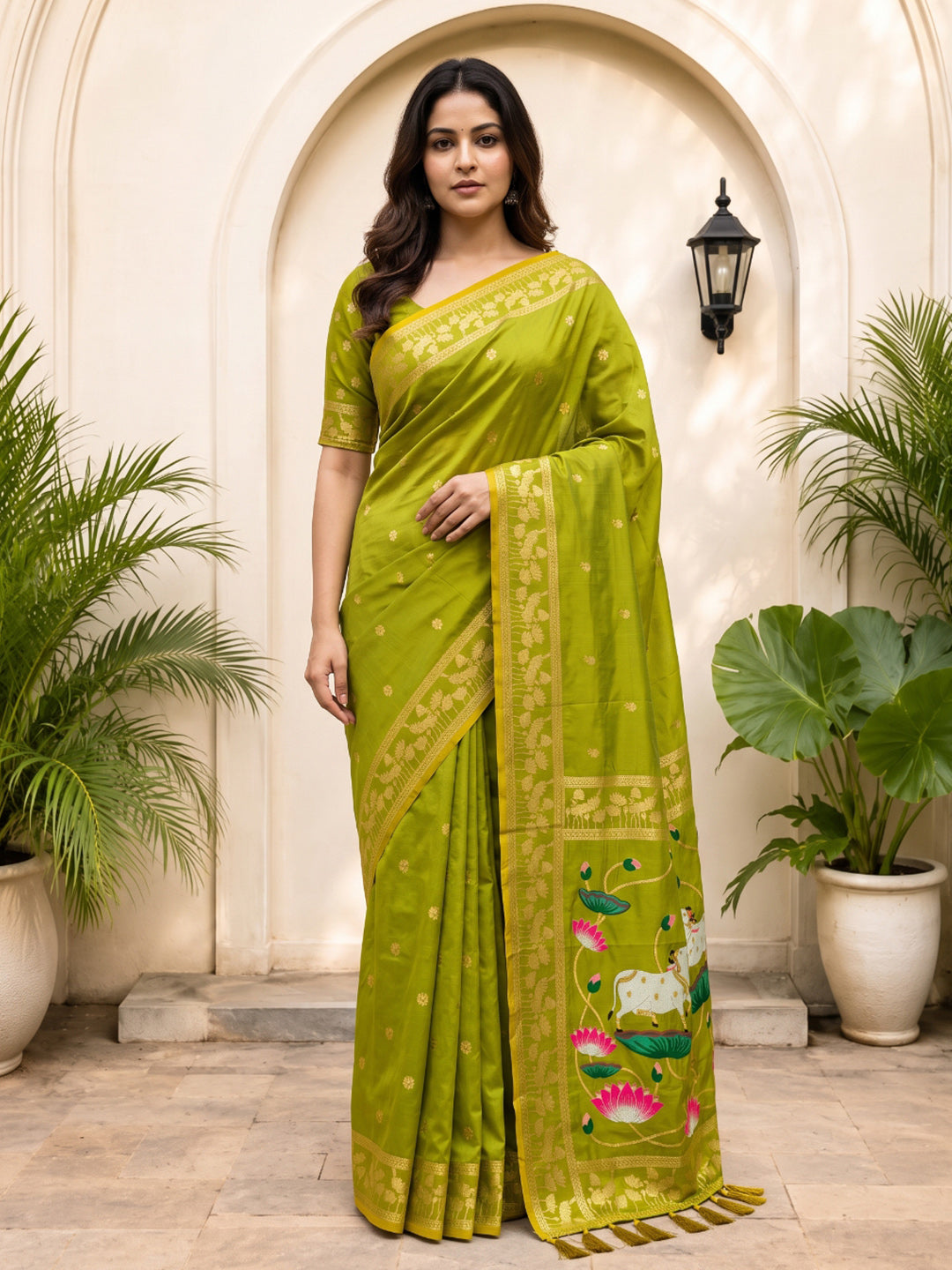 Mehendi Green Soft Zari Woven Saree with Lotus Pichwai Concept Pallu