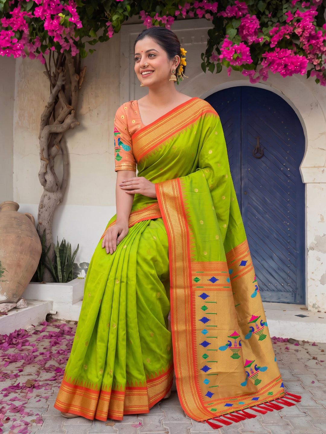 Mehendi Green Premium Traditional Maharani Paithani Silk Saree