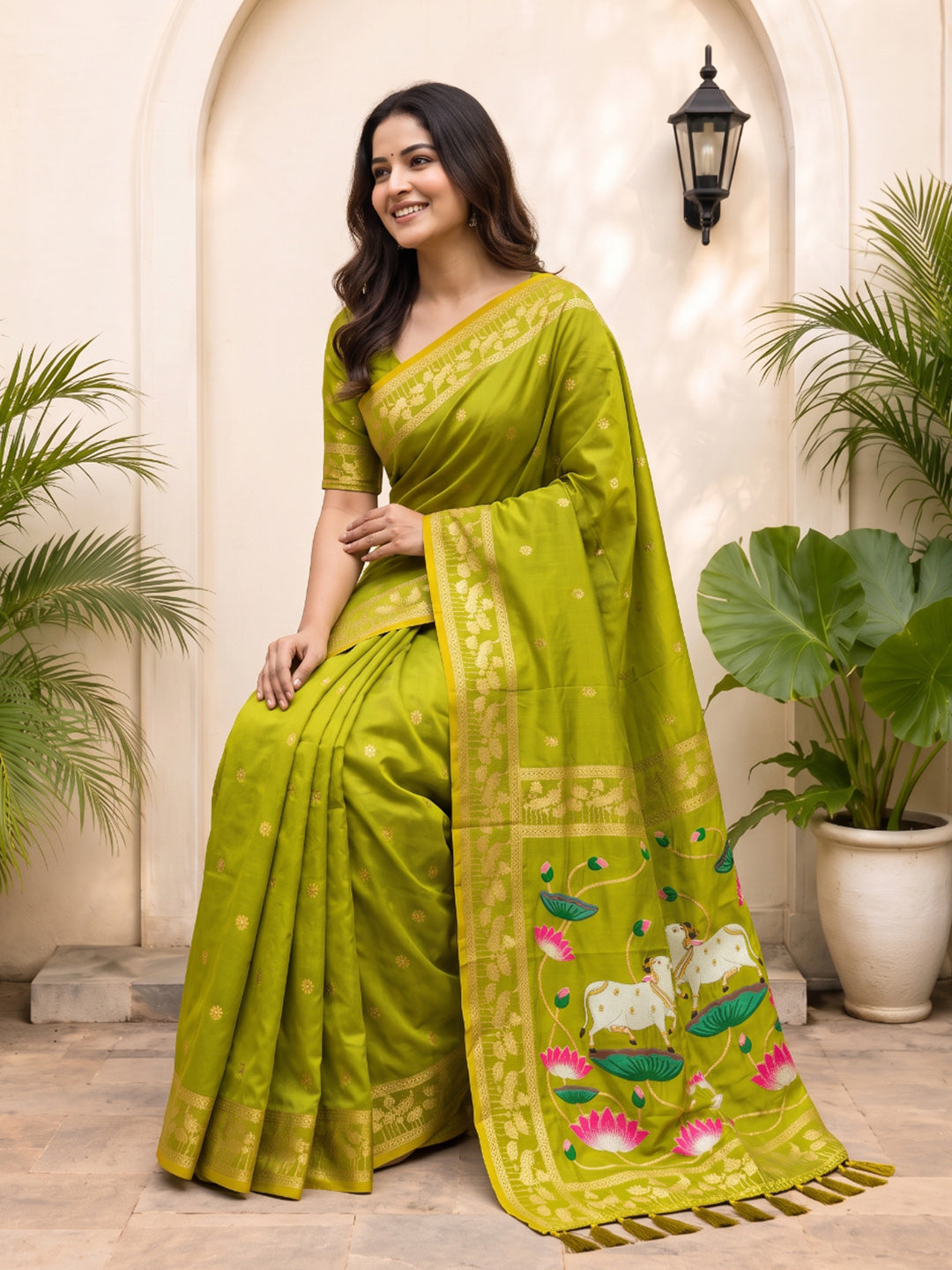 Mehendi Green Soft Zari Woven Saree with Lotus Pichwai Concept Pallu