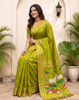 Mehendi Green Soft Zari Woven Saree with Lotus Pichwai Concept Pallu