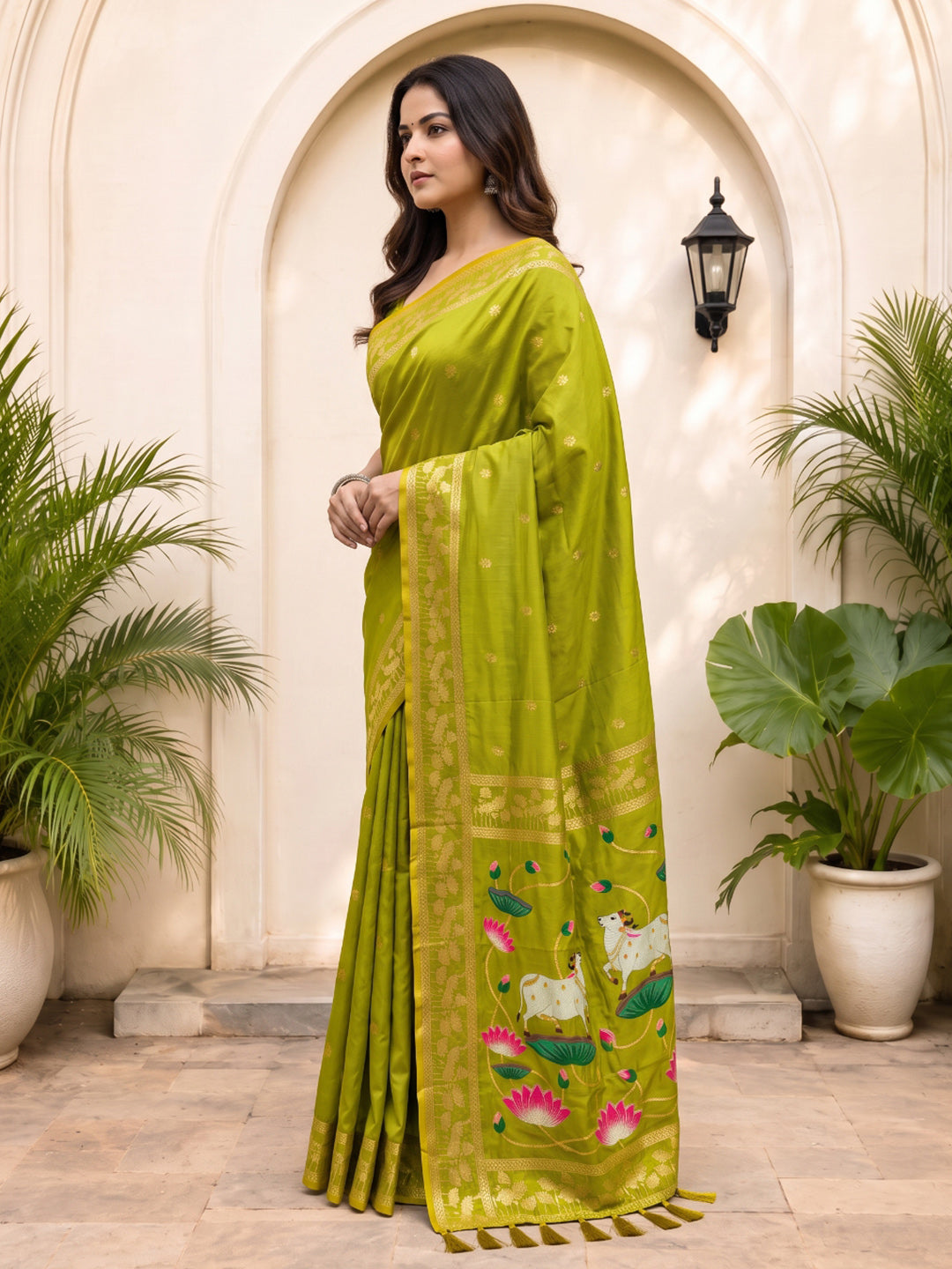 Mehendi Green Soft Zari Woven Saree with Lotus Pichwai Concept Pallu