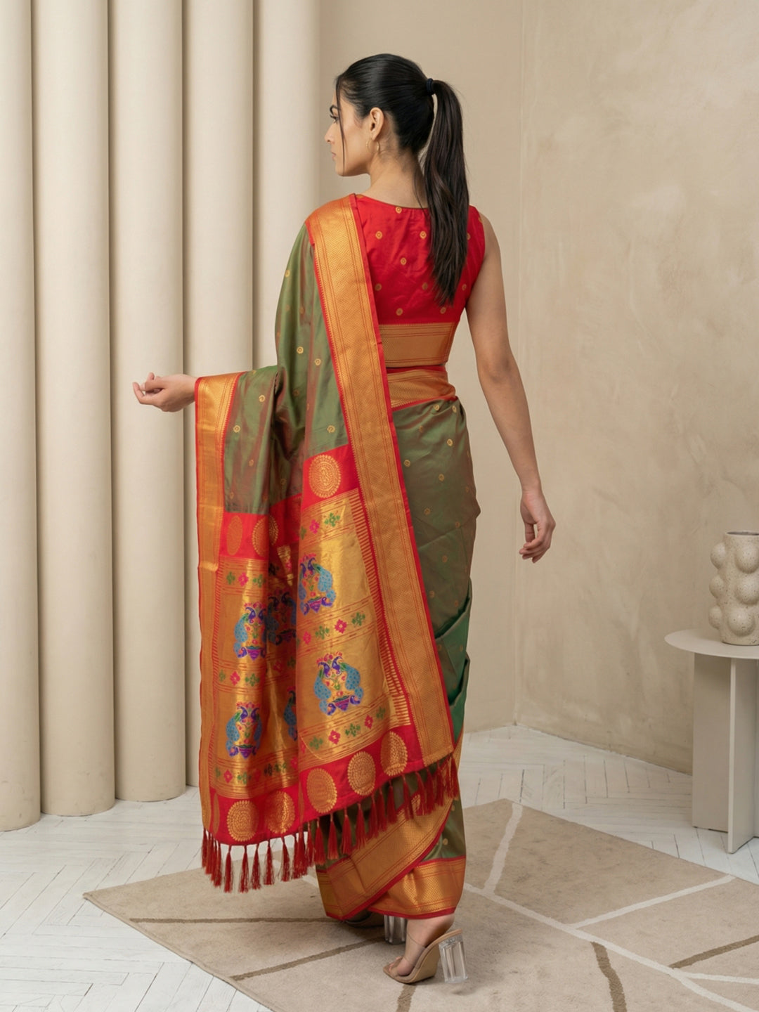 Mehendi Green Soft Paithani Silk Zari Woven Saree with Peacock Pallu