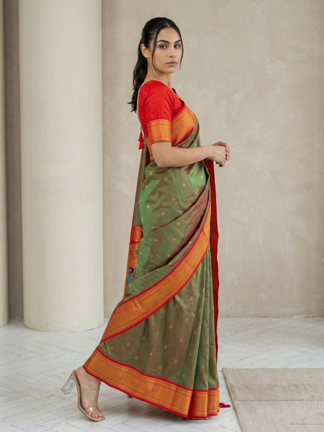 Mehendi Green Soft Paithani Silk Zari Woven Saree with Peacock Pallu