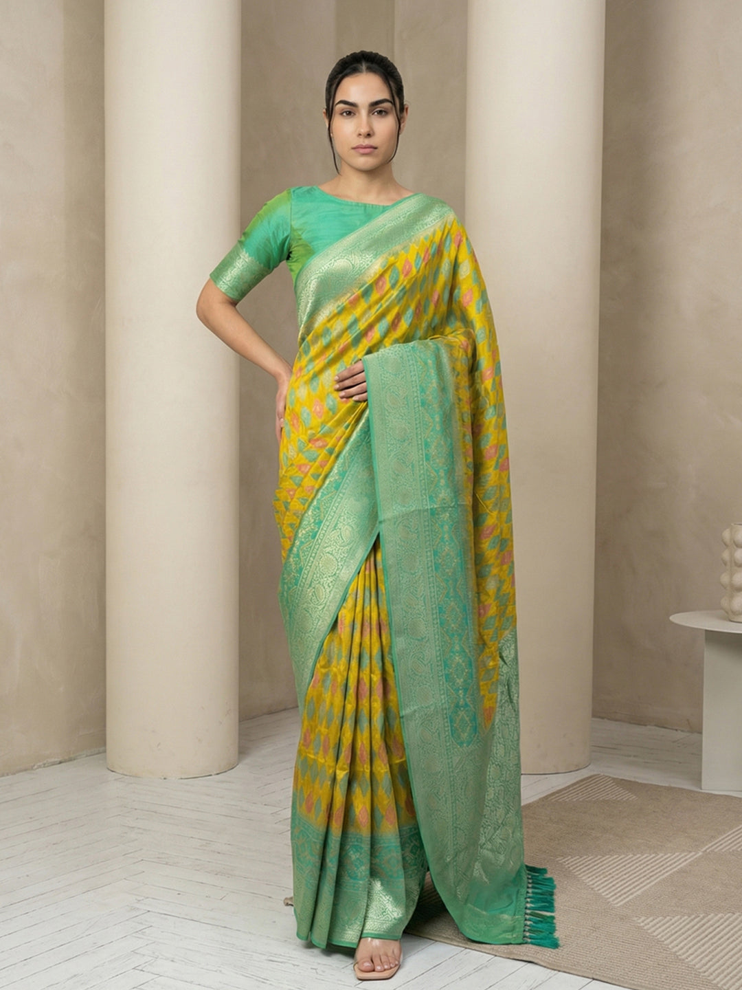 Mehendi Green Soft Ikkat Patola Silk Geometric Ikkat Weaves Saree