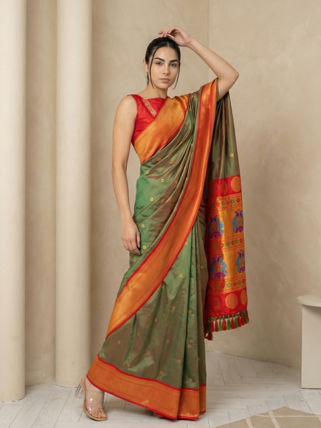 Mehendi Green Soft Paithani Silk Zari Woven Saree with Peacock Pallu