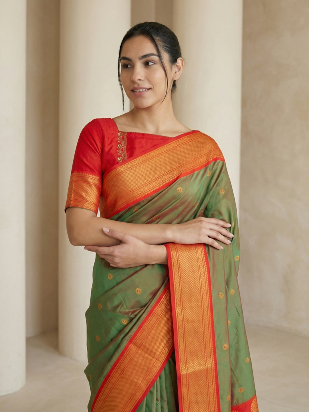 Mehendi Green Soft Paithani Silk Zari Woven Saree with Peacock Pallu