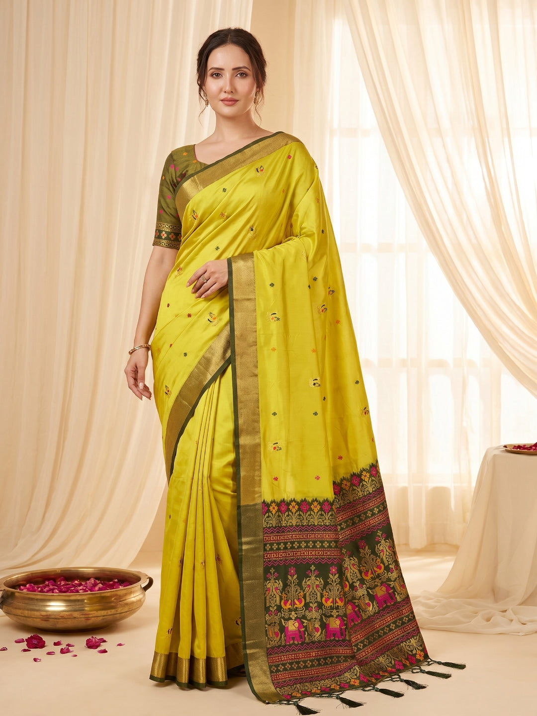 Mehendi Green Traditional Soft Silk Saree with Floral &amp; Peacock Pattern Saree