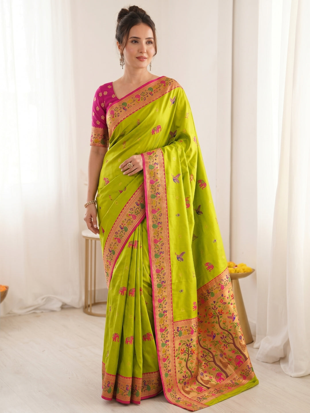 Mehendi Green Premium Soft Bamboo Tissue Paithani Silk Saree
