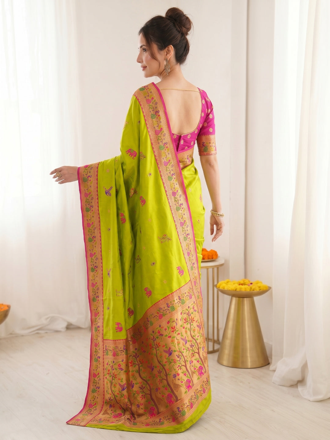 Mehendi Green Premium Soft Bamboo Tissue Paithani Silk Saree