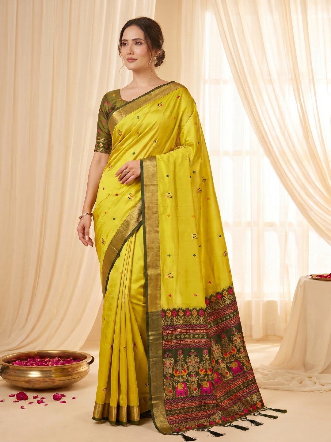 Mehendi Green Traditional Soft Silk Saree with Floral &amp; Peacock Pattern Saree