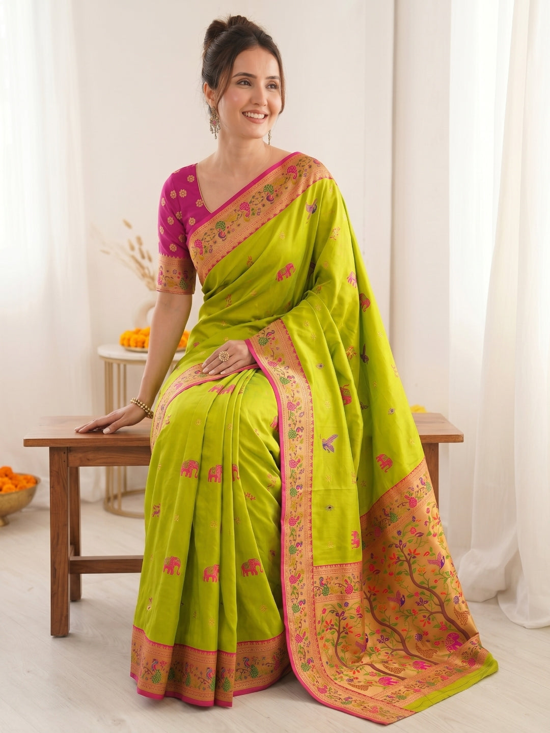 Mehendi Green Premium Soft Bamboo Tissue Paithani Silk Saree