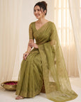 Mehendi Green Organza Silk Saree with Sequins Embroidery Work Saree