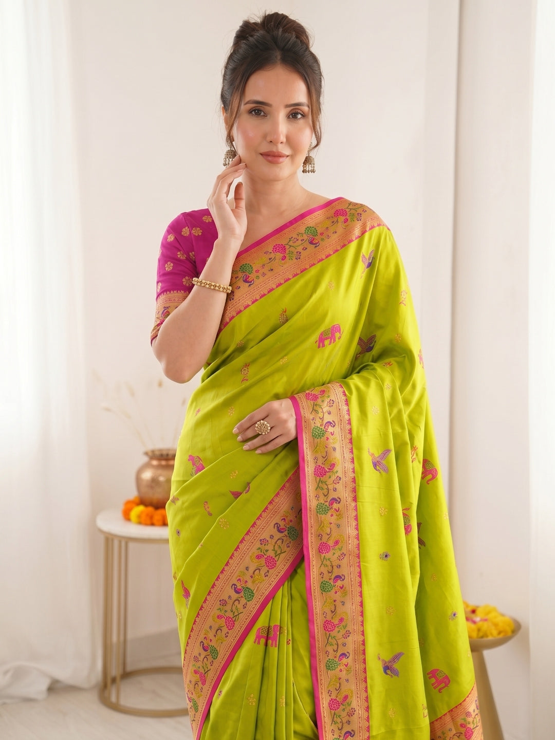 Mehendi Green Premium Soft Bamboo Tissue Paithani Silk Saree