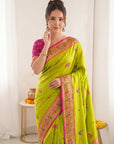 Mehendi Green Premium Soft Bamboo Tissue Paithani Silk Saree