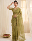 Mehendi Green Organza Silk Saree with Sequins Embroidery Work Saree