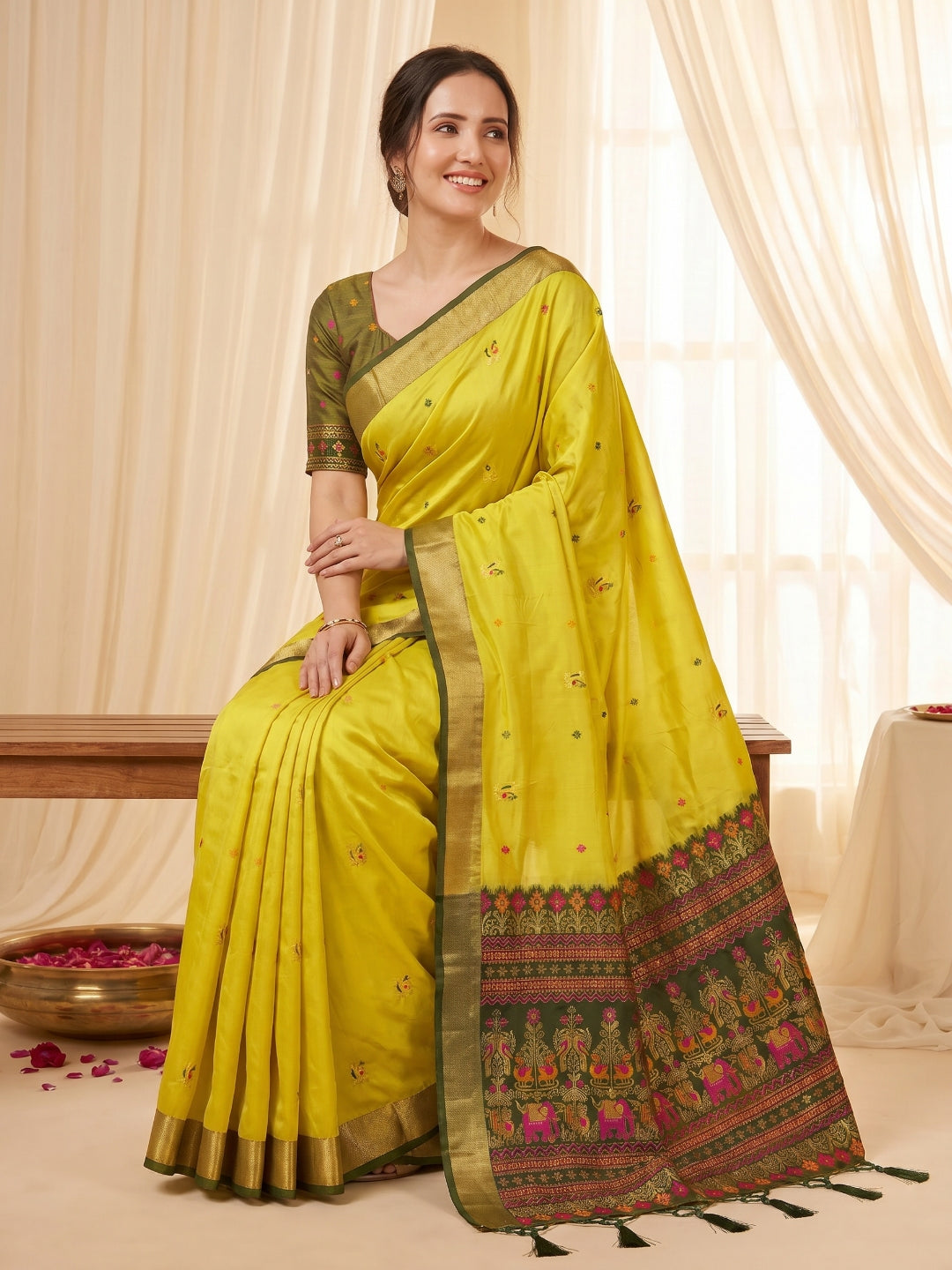 Mehendi Green Traditional Soft Silk Saree with Floral &amp; Peacock Pattern Saree