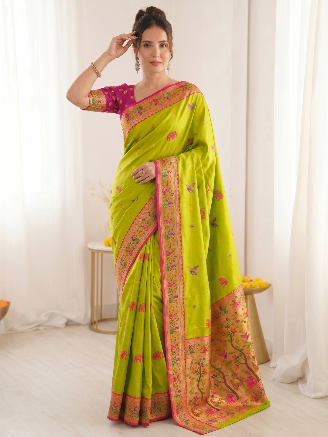 Mehendi Green Premium Soft Bamboo Tissue Paithani Silk Saree